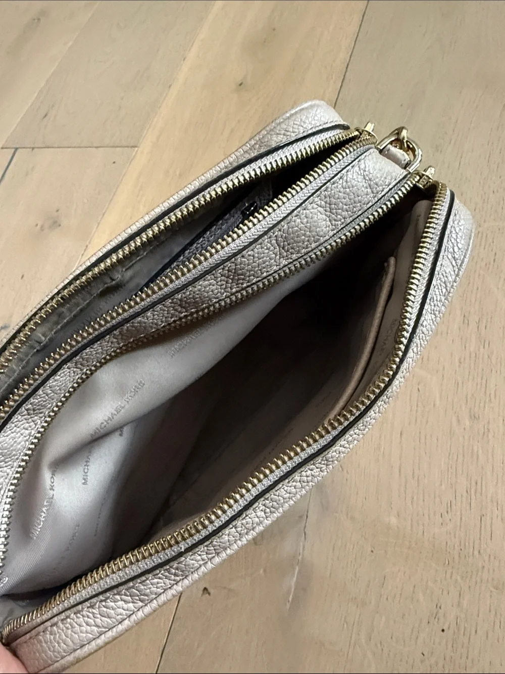 Michael Kors Taupe Pebbled Leather Crossbody with Gold Chain